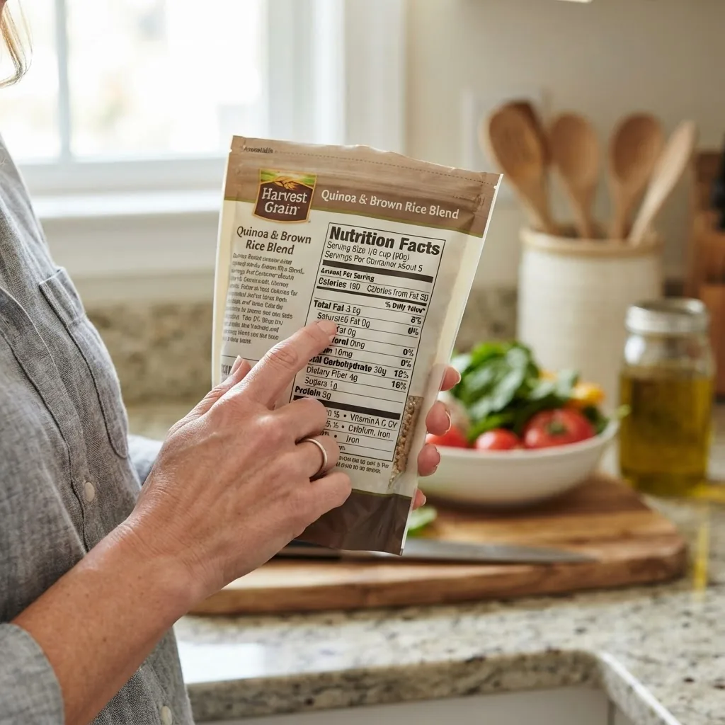 a hand holding a nutritional label on a food package, focusing on the fat and calorie section, captured with bright natural light in a