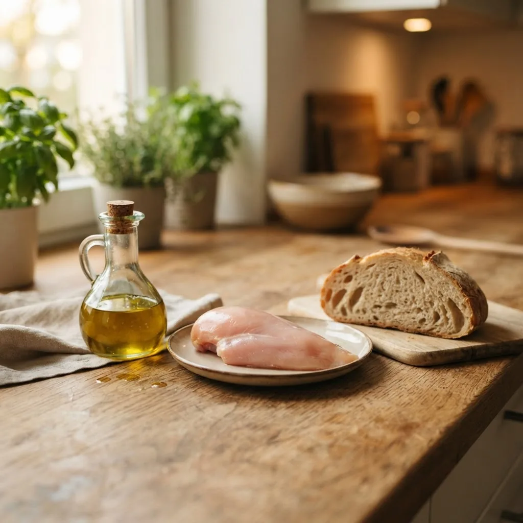 a small amount of cooking oil, chicken breast, and bread arranged on a wooden kitchen surface illustrating fat, protein, and carb sources