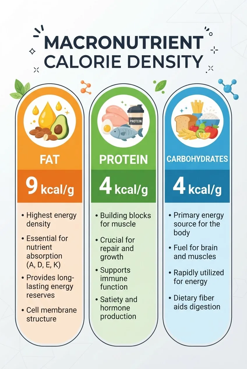 shows a three-column comparison: Column 1 - Fat with icon and "9 kcal/g"; Column 2 - Protein with icon and "4 kcal/g"; Column 3 -