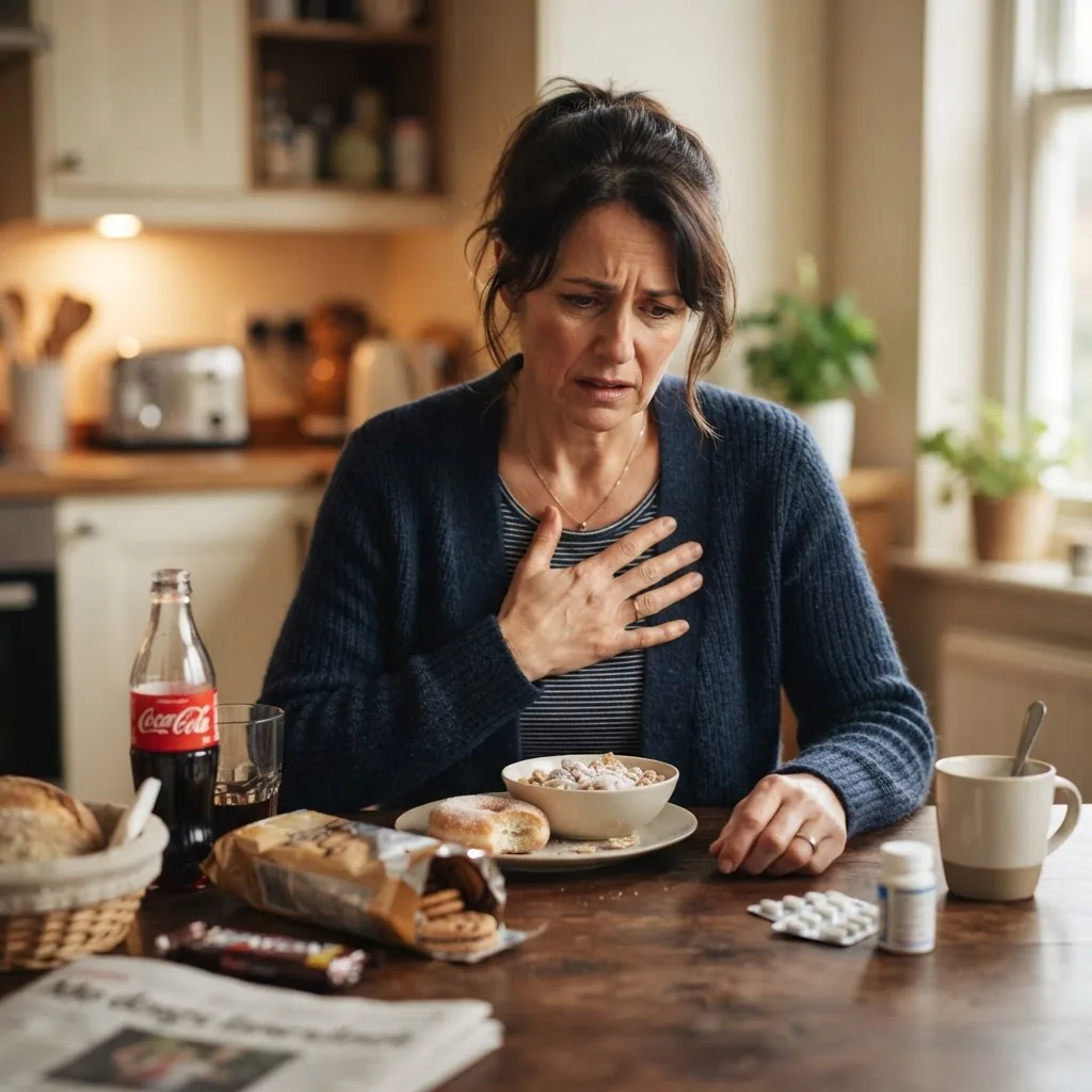 Medical lifestyle setting showing a worried adult holding their chest and a visual of unhealthy sugar-rich foods on a table, soft natural