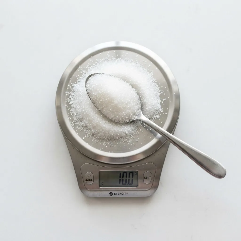 Close-up photograph of a heaping teaspoon of granulated white sugar measured precisely at 10 grams on a kitchen scale, bright natural