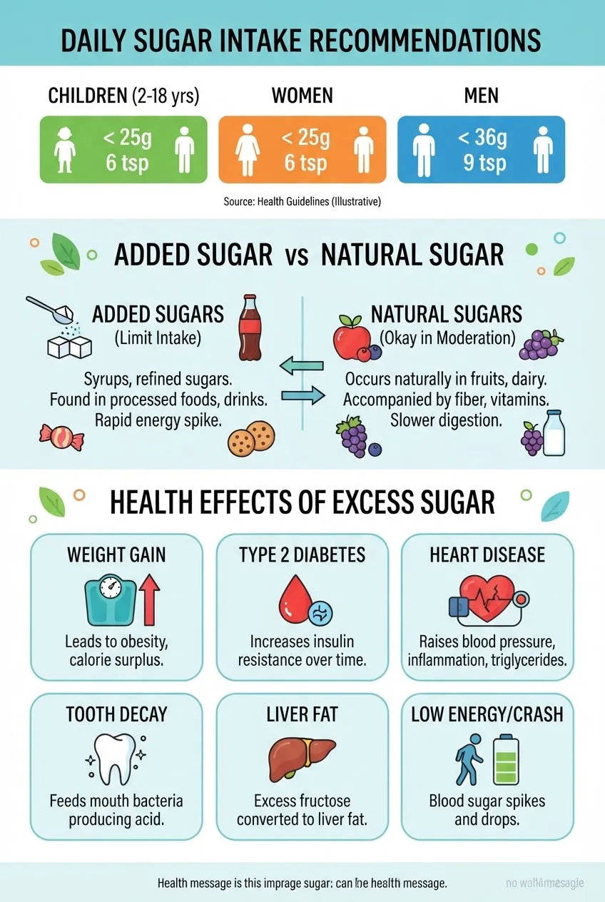 Infographic with a clear three-part vertical layout: Top section shows daily sugar intake recommendations by age group in color-coded bars;