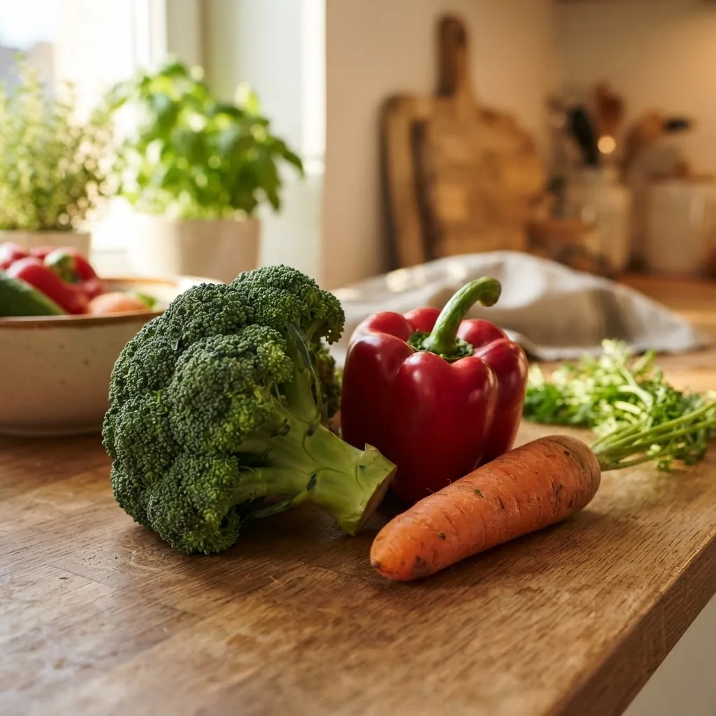 a broccoli head, red bell pepper, and carrot grouped together with sunlight highlighting the freshness and rich colors on a kitchen counter