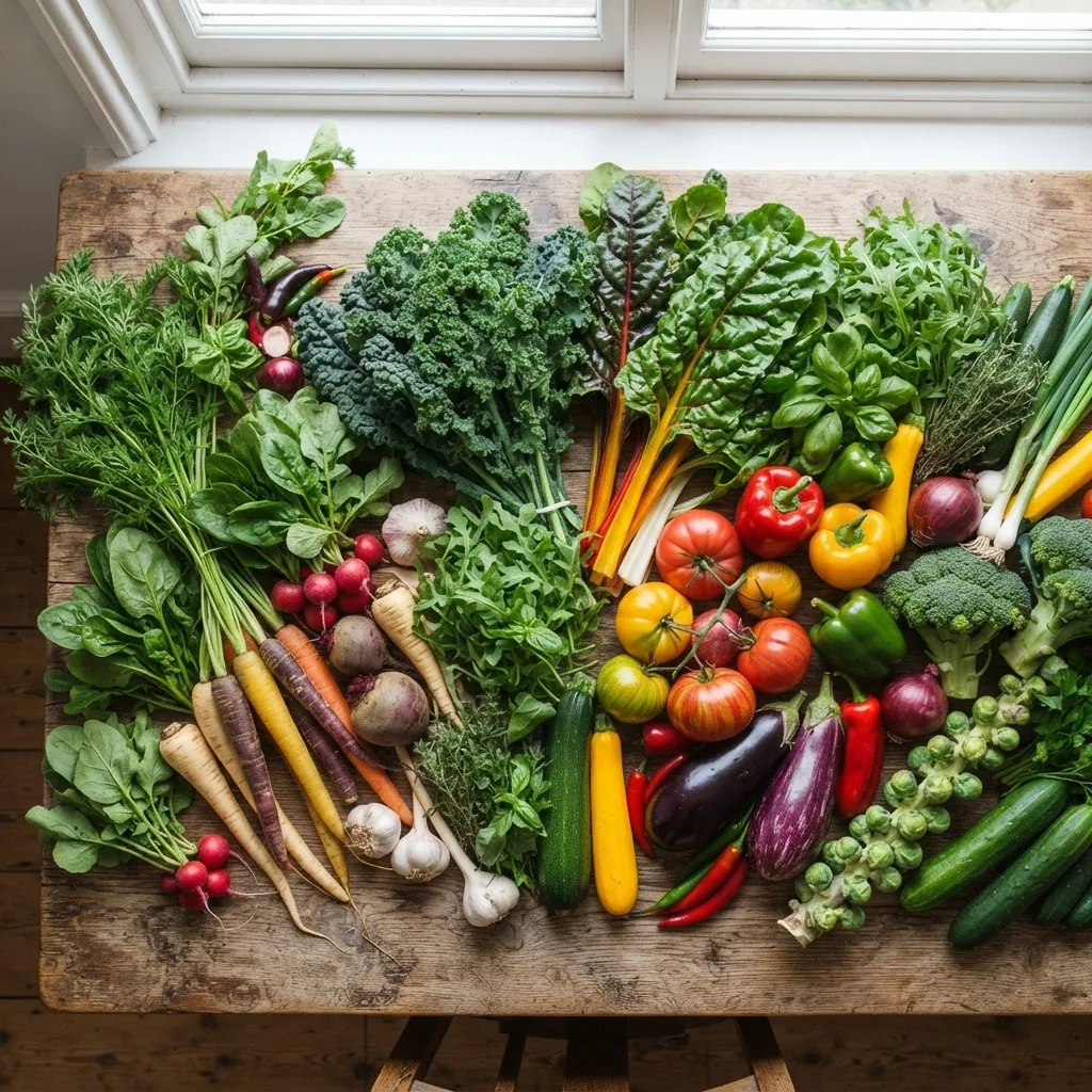 a colorful assortment of fresh vegetables laid out on a rustic wooden table from a top-down angle with natural soft daylight, showing clear