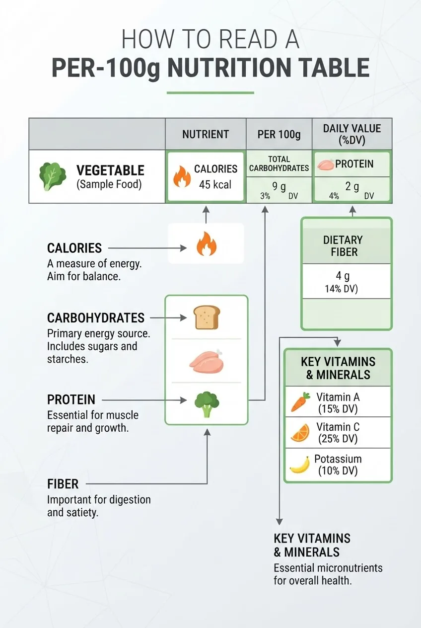 explains how to read a per-100g nutrition table: show a sample vegetable row with highlighted calories, carbs, protein, fiber, and “key