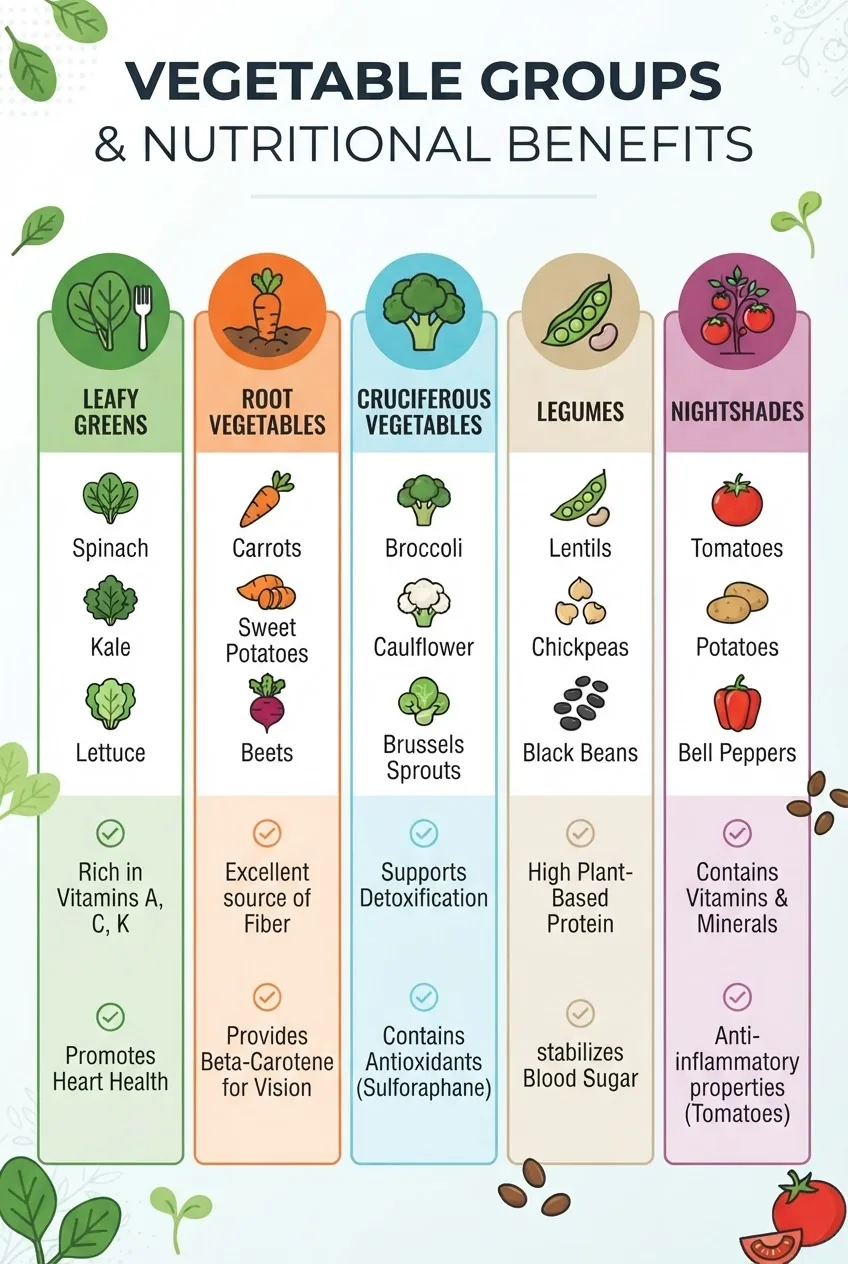 illustrates five vegetable groups — leafy greens, root vegetables, cruciferous, legumes, nightshades — each group represented in a vertical