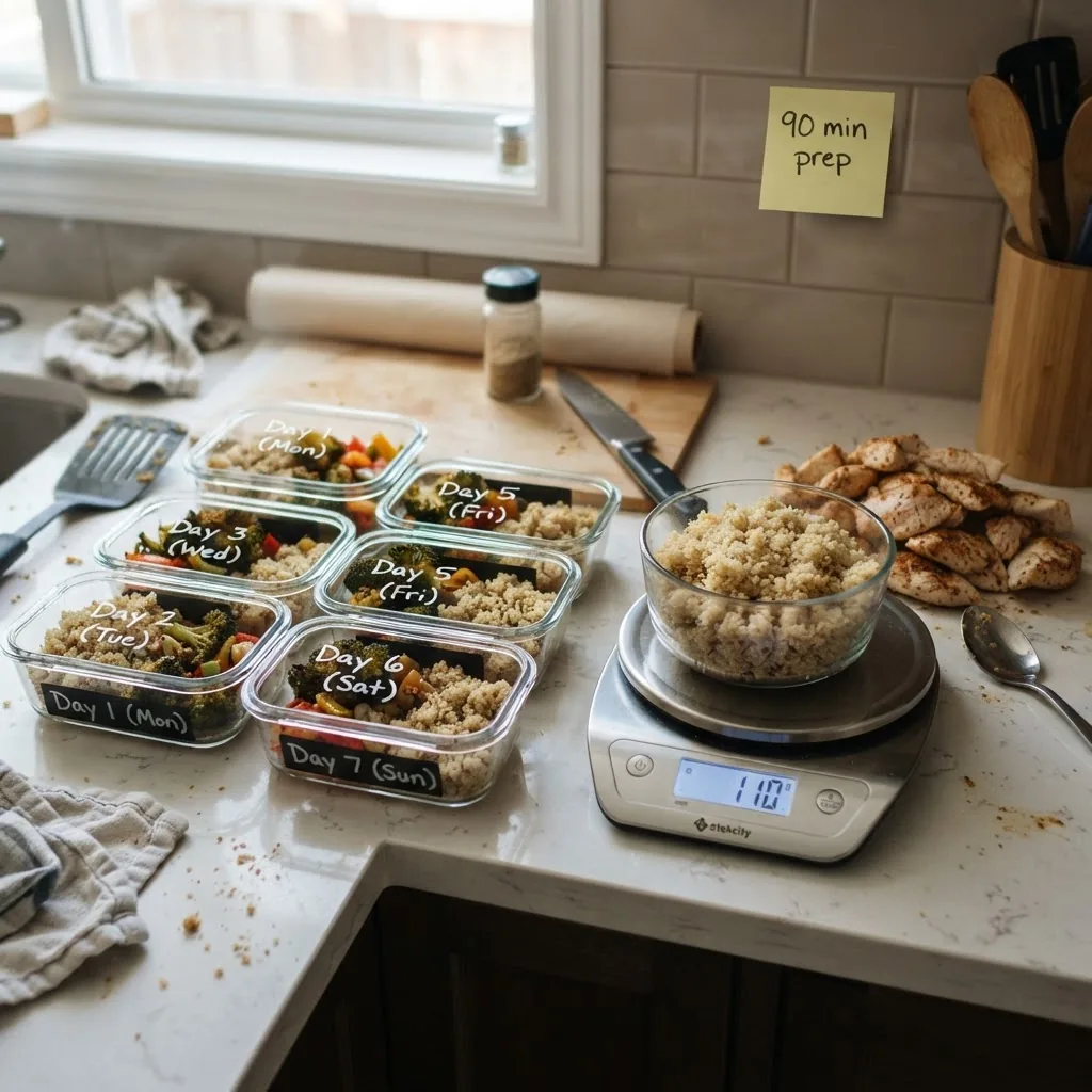 a kitchen counter with containers labeled Day 1–7, a digital scale reading 110 g chicken, and cooked quinoa in a bowl. Include visible