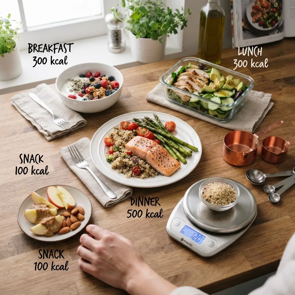 a measured plate showing a 1200 calorie day spread across breakfast, lunch, snack and dinner with visible kitchen scale and measuring cups.