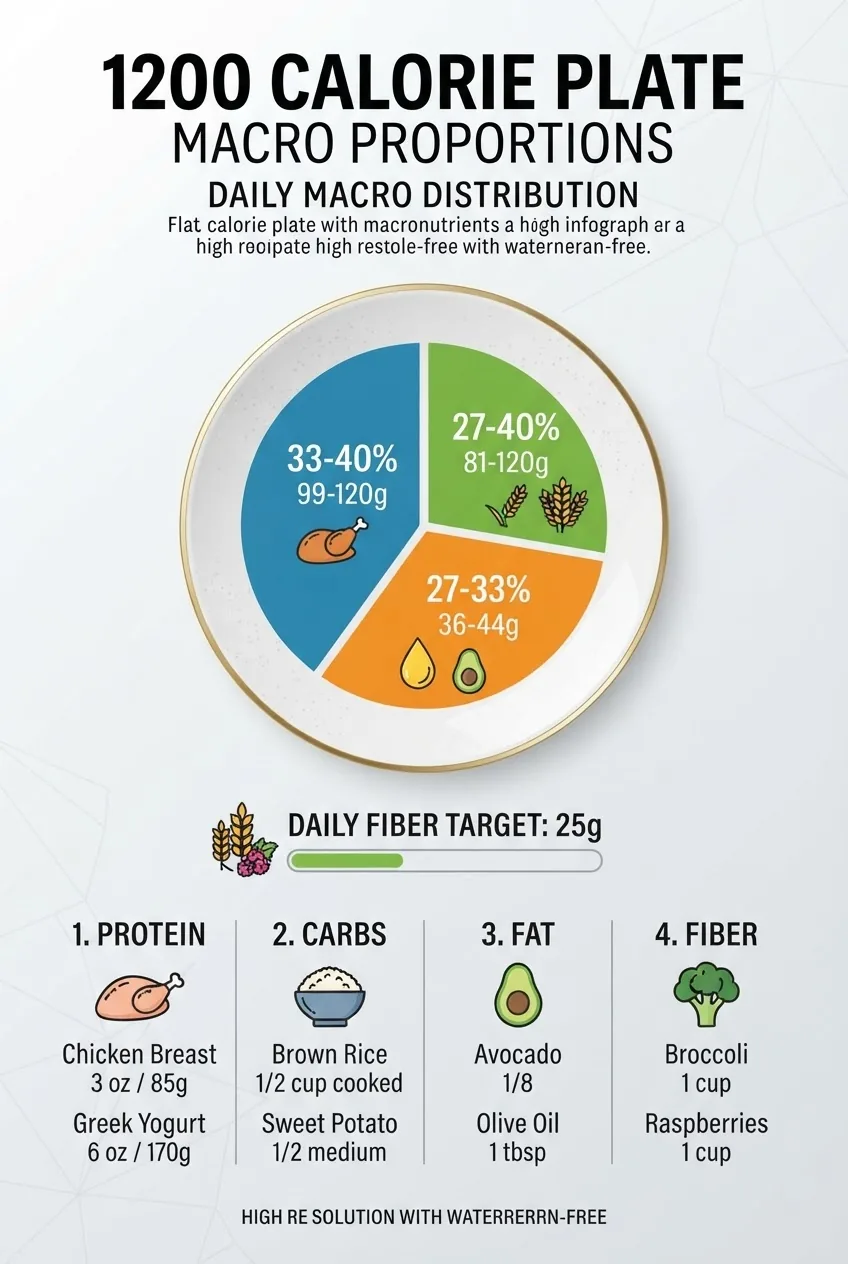 shows a 1200 calorie plate sliced into macronutrient proportions: protein 33-40%, carbs 27-40%, fat 27-33%, include fiber target 25g. Use
