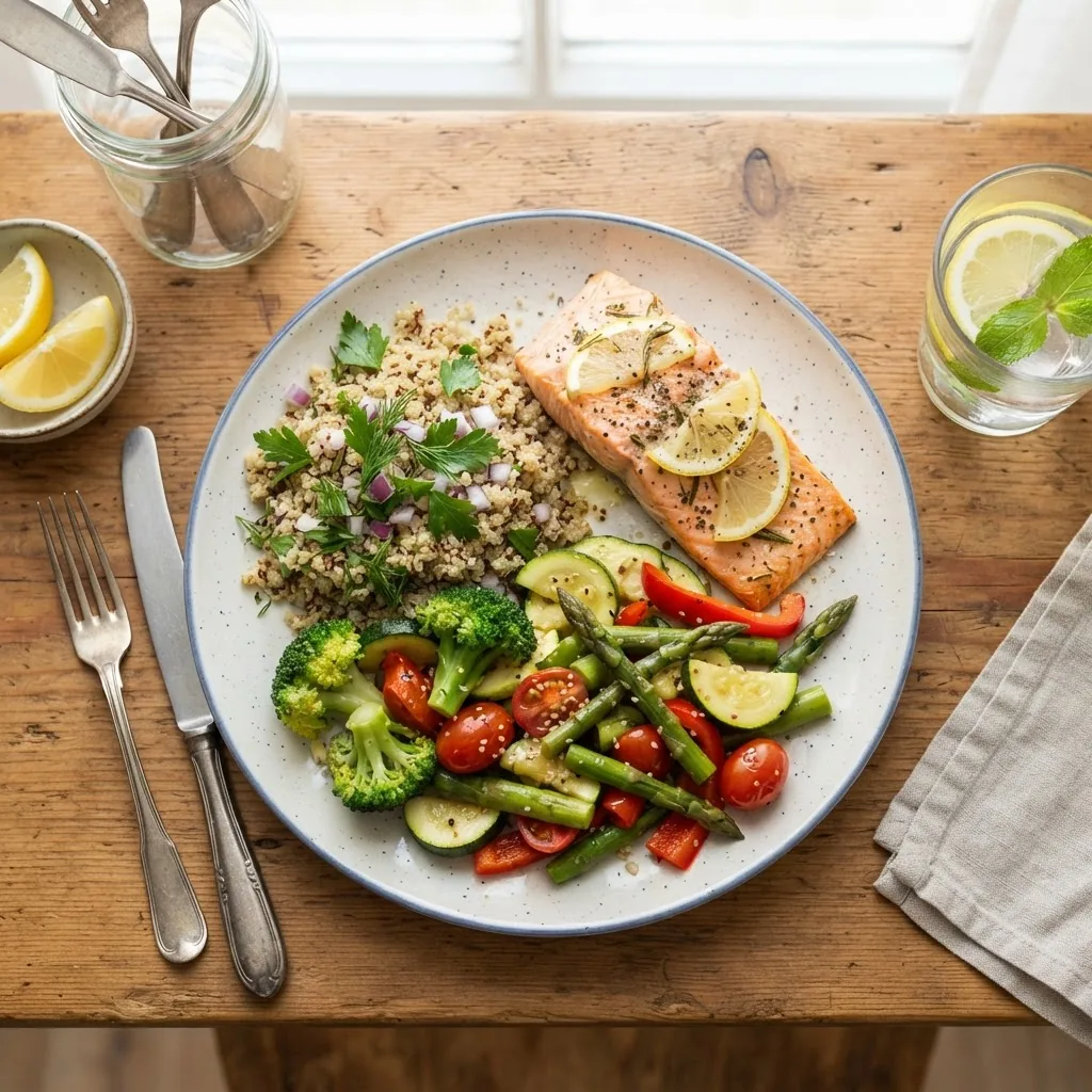 Overhead shot of a healthy meal plate including vegetables, lean protein, whole grains, and a glass of water on a wooden table, bright