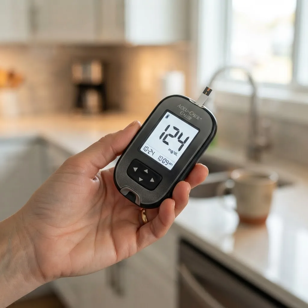 Close-up photo of a digital blood glucose meter displaying a reading of 124 mg/dL, held by an adult hand, indoors with natural daylight,