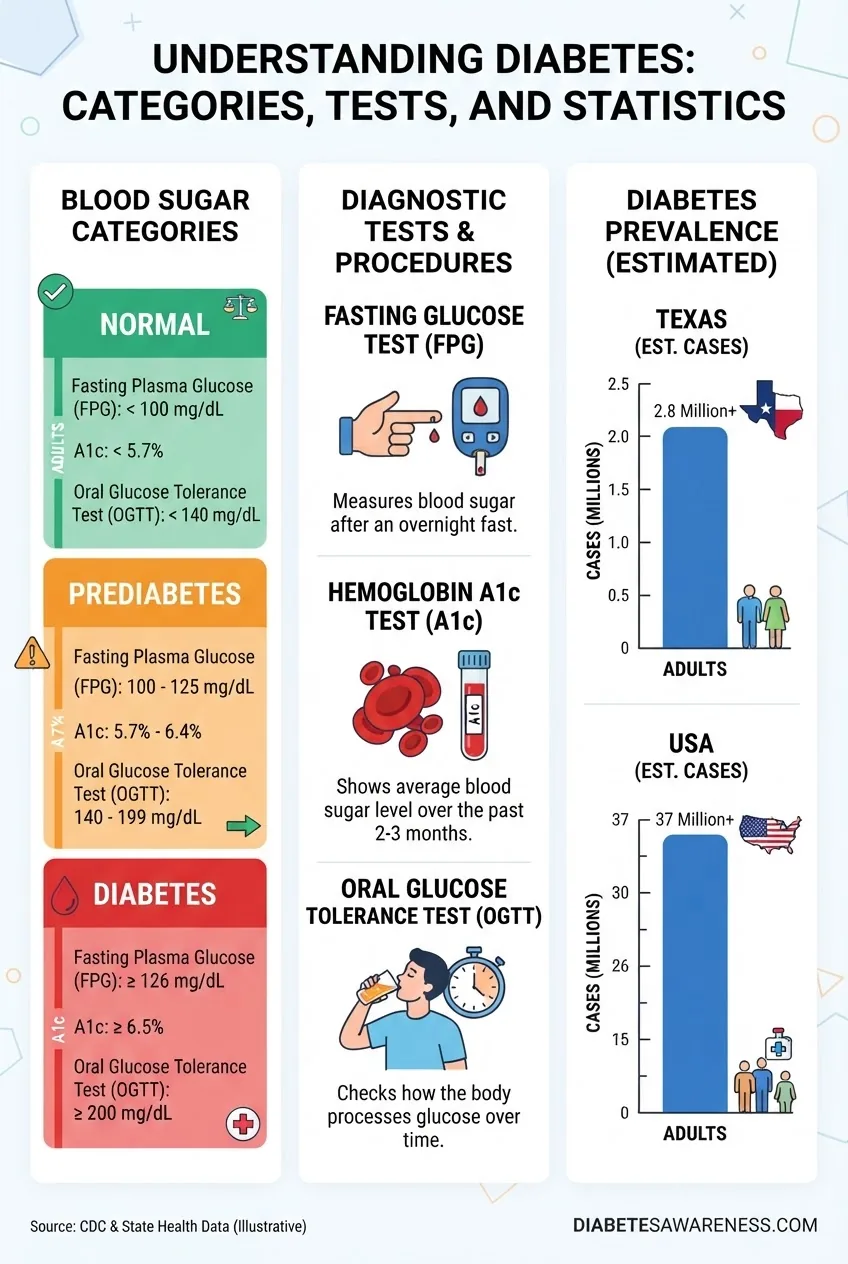 with three columns side by side: Column 1 shows blood sugar categories with ranges (normal, prediabetes, diabetes) in colored blocks;