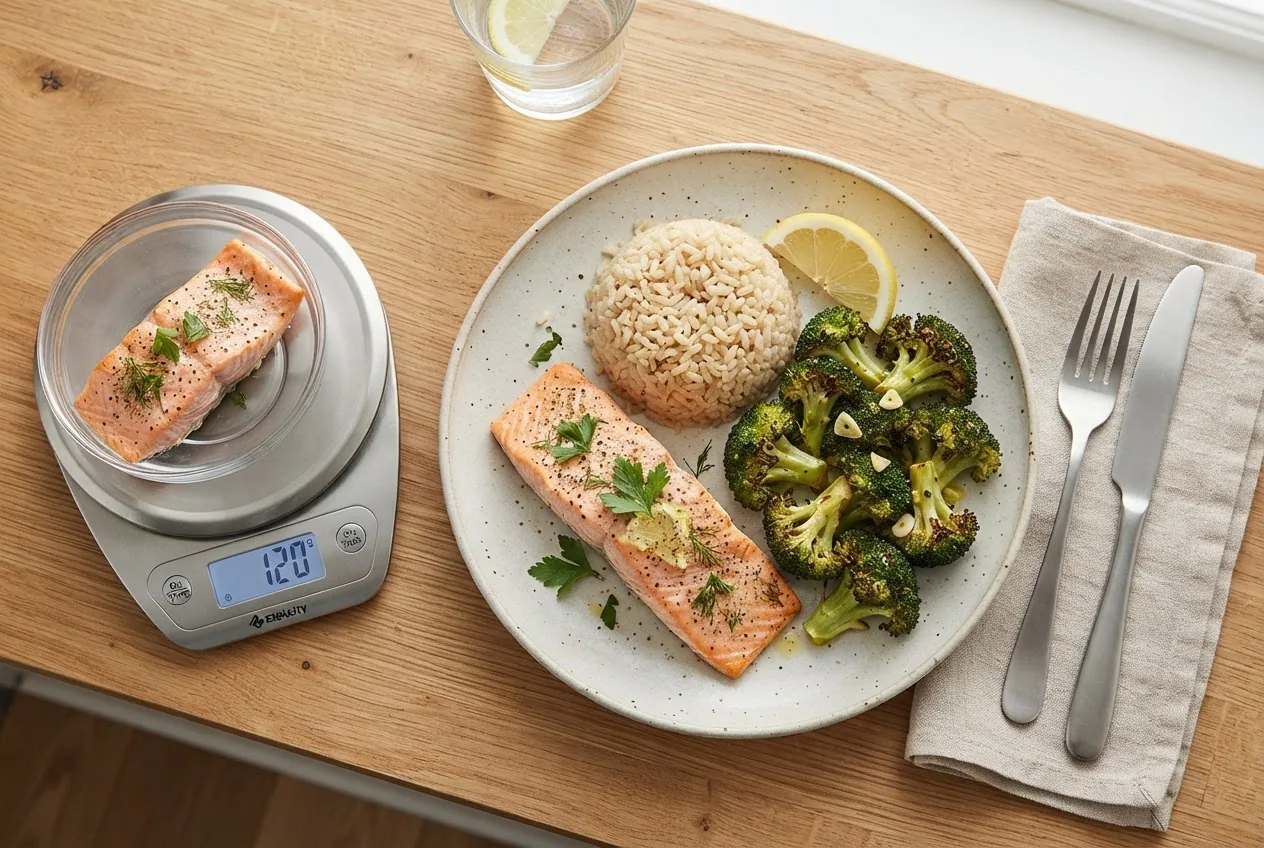 a balanced meal plate showing portions of cooked salmon (120g), 1/2 cup brown rice, and roasted broccoli with a small lemon wedge,