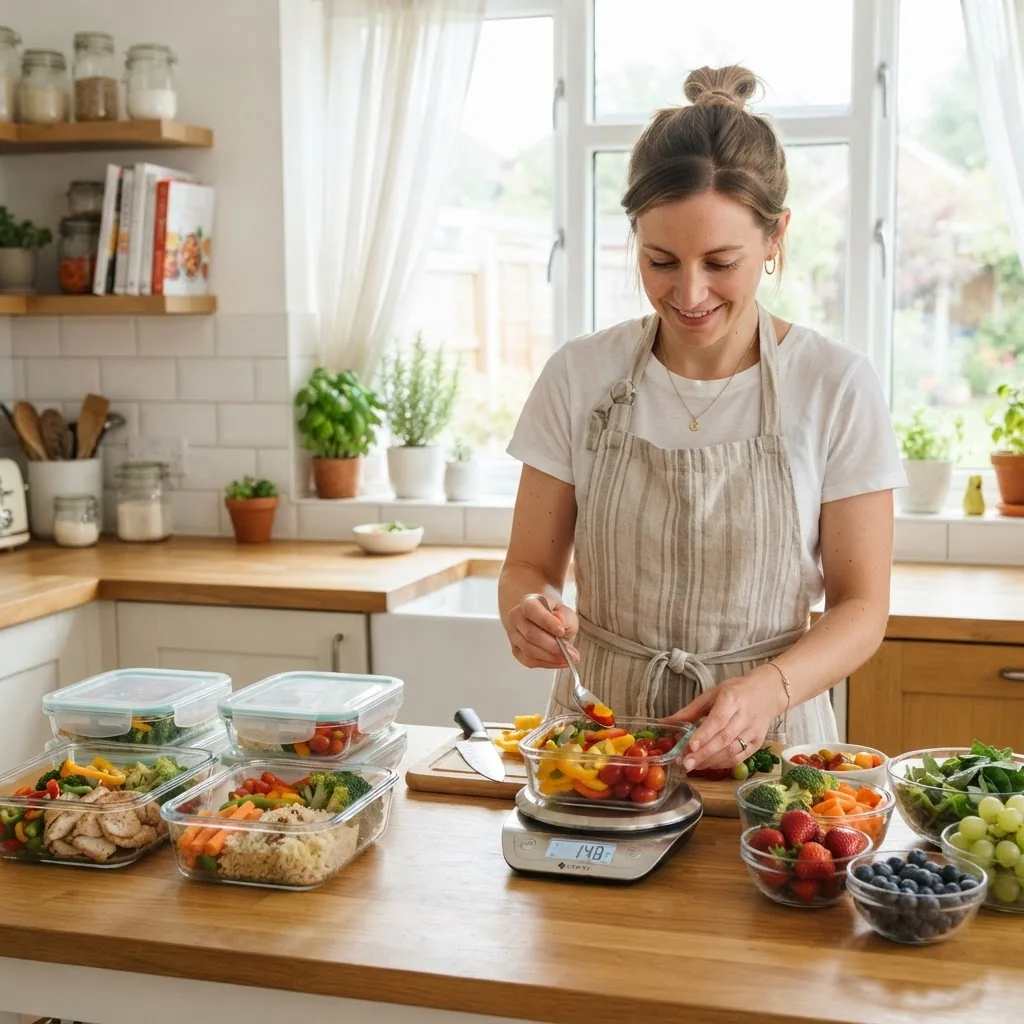 A kitchen scene with a person using a food scale to measure portions of fresh fruits and vegetables, meal prep containers with