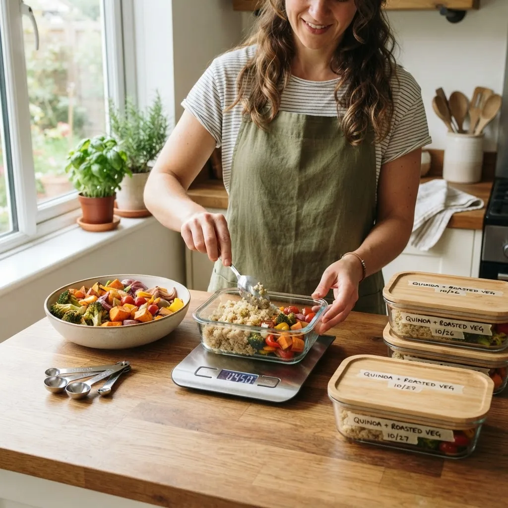 a person portioning cooked quinoa and roasted vegetables into clear meal-prep containers on a wooden counter, natural daylight, showing