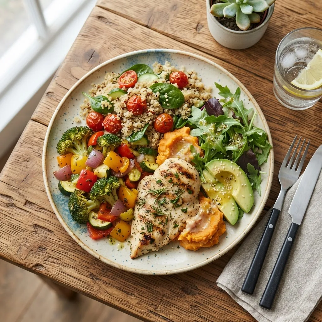A bright and appealing overhead shot of a balanced 1400 calorie meal plate featuring lean protein, colorful vegetables, whole grains, and