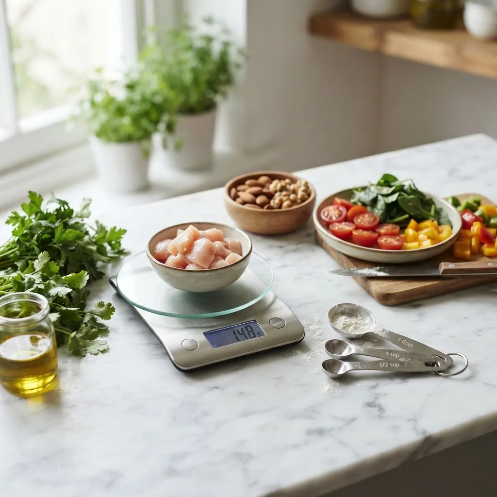 measuring spoons and a food scale next to fresh vegetables, nuts, and lean protein ingredients on a kitchen counter with bright morning