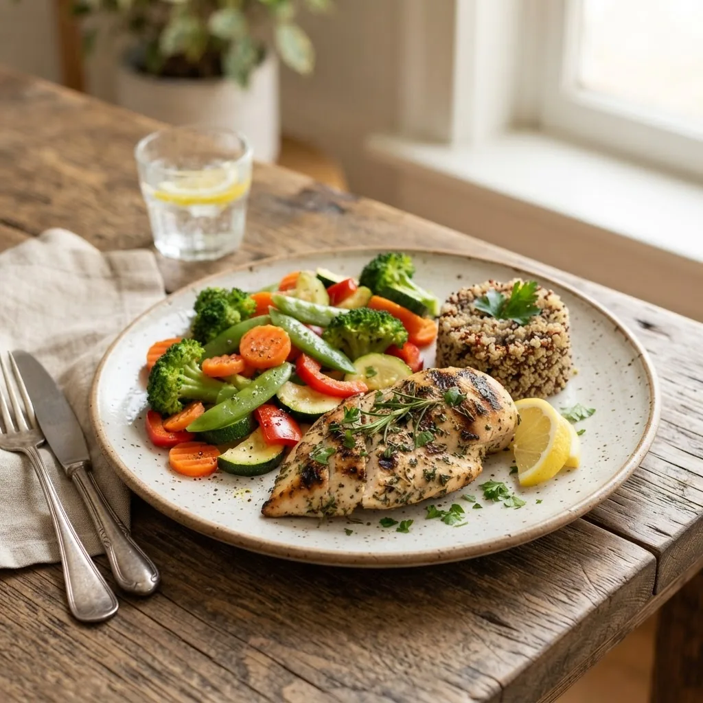 a plated, colorful, balanced 400 calorie dinner meal featuring grilled chicken, steamed vegetables, and a small portion of quinoa on a