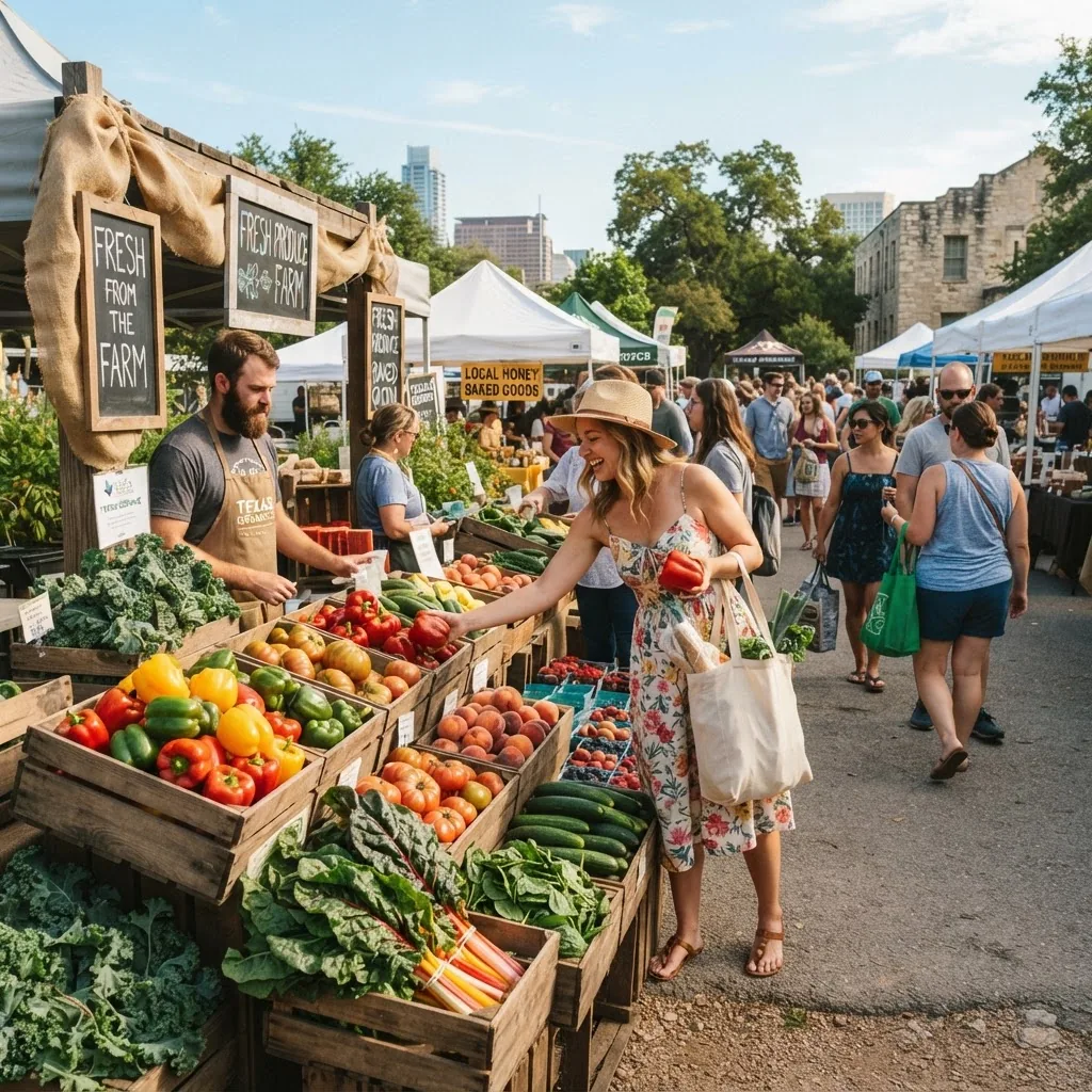 Outdoor farmers market scene in Texas in bright morning light with fresh fruits and vegetables like bell peppers, tomatoes, and leafy
