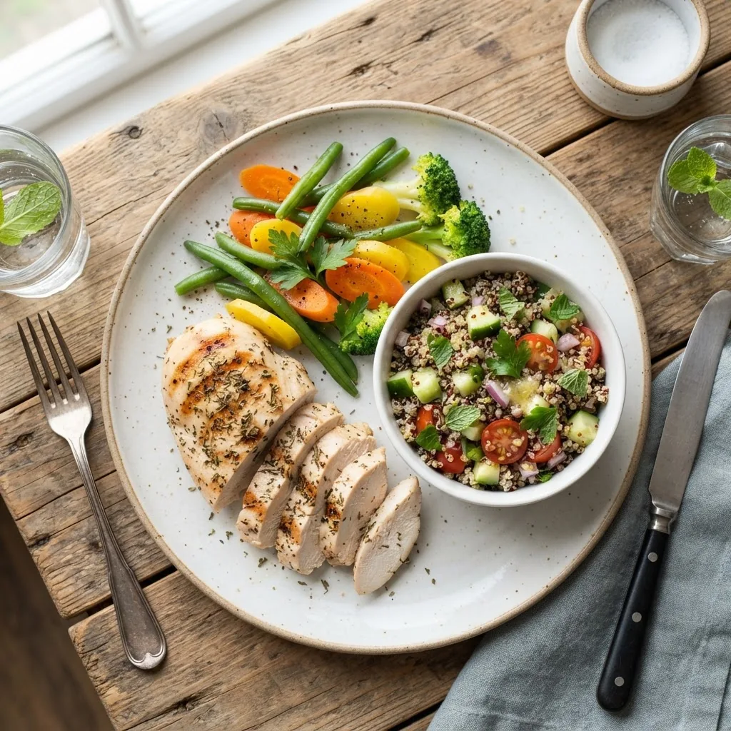 A top-down view of a colorful 500 calorie dinner plate featuring grilled chicken breast, steamed seasonal vegetables including green beans