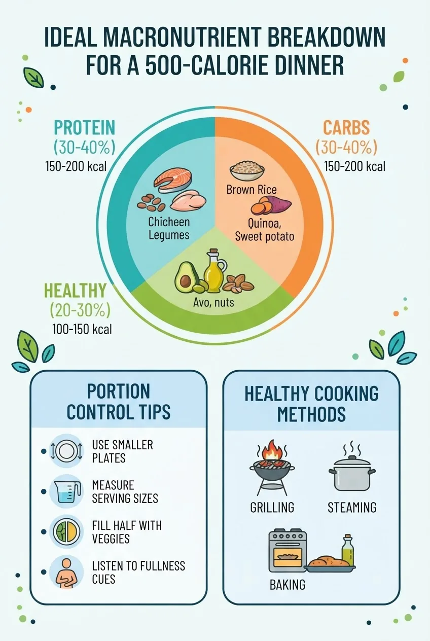 the ideal macronutrient breakdown for a 500 calorie dinner: protein (30-40%), carbs (30-40%), healthy fats (20-30%), with icons for lean