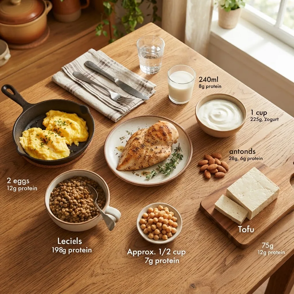 an overhead view of a variety of protein-rich foods arranged on a rustic wooden table to visually represent 60 grams of protein, including