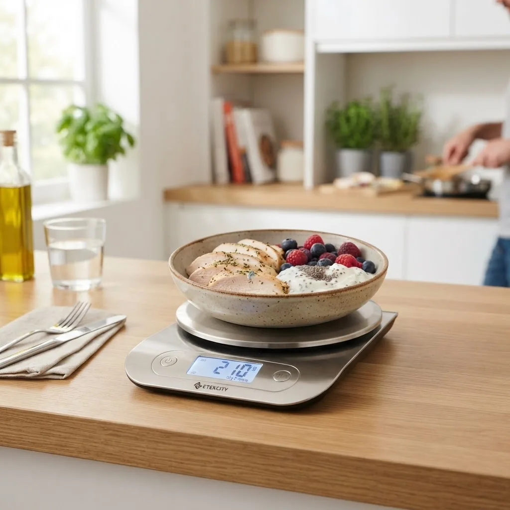 A clean, bright kitchen counter with a digital food scale, a plate balanced with typical protein portions adding up to roughly 60 grams of