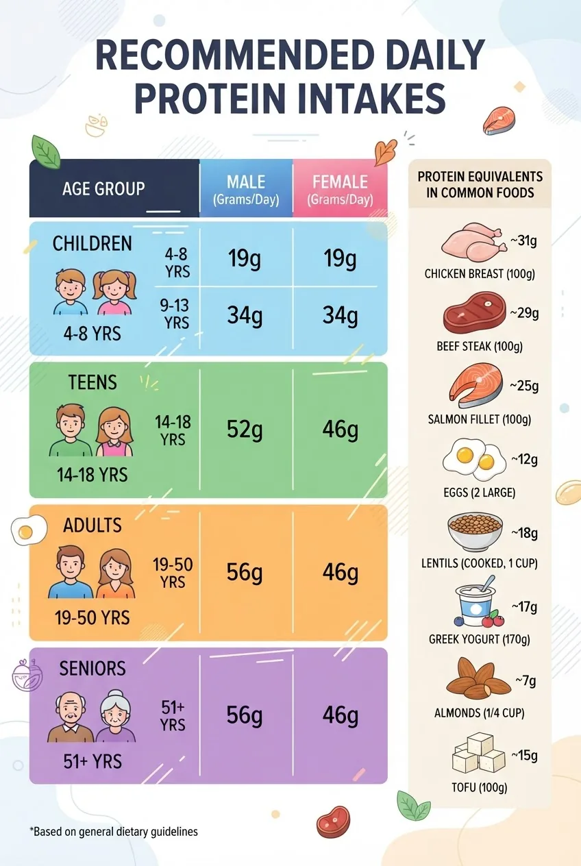 shows a clear table comparing recommended daily protein intakes by age groups (children, adults, seniors) and separately for males and