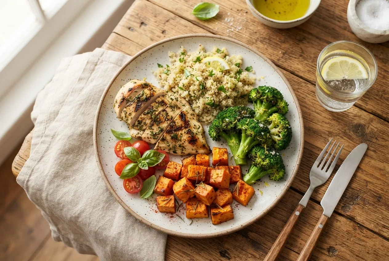 A bright, appetizing overhead shot of a colorful 600 calorie dinner plate featuring grilled chicken, quinoa, steamed broccoli, and roasted