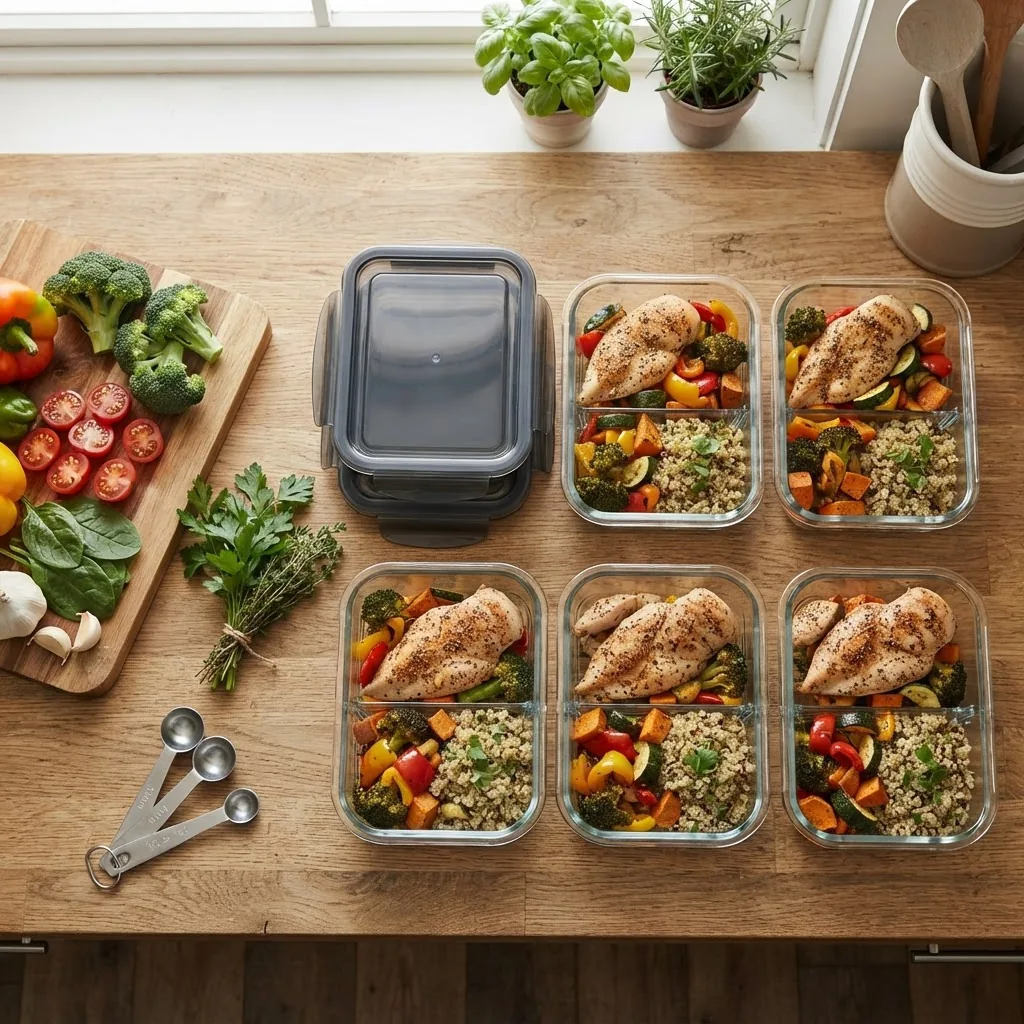 A top-down photo of meal prep containers filled with portion-controlled healthy dinners, arranged neatly on a kitchen counter with fresh