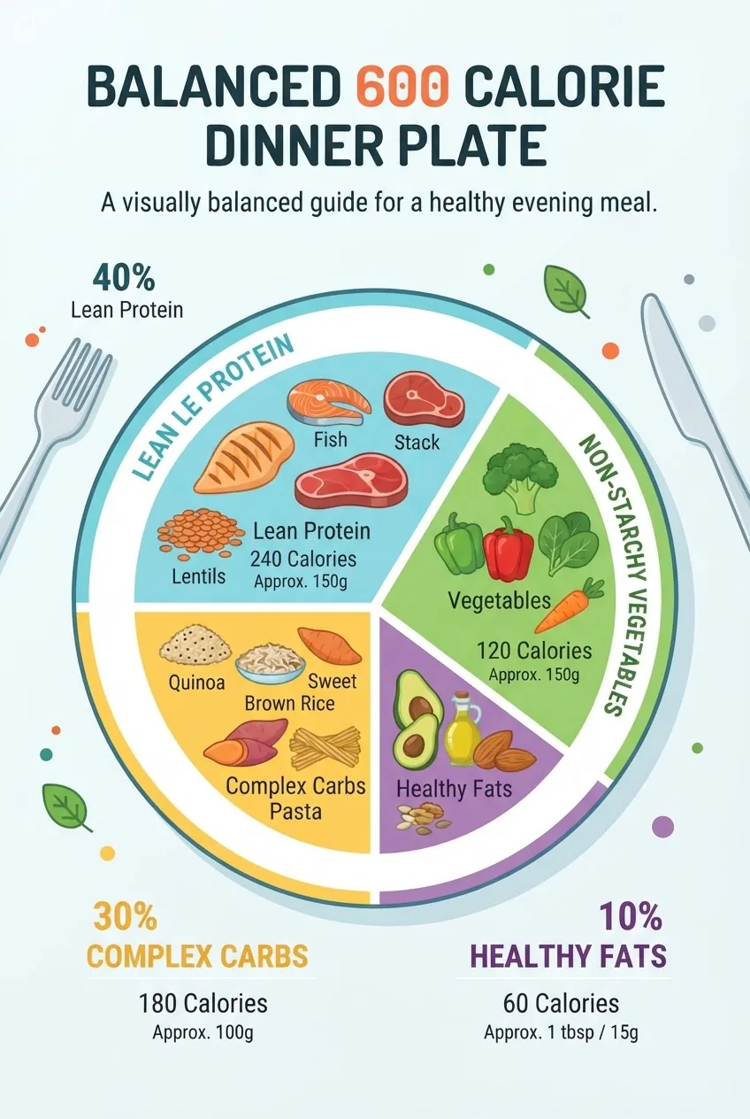 shows a balanced 600 calorie dinner plate divided into sections: 40% lean protein, 30% complex carbs, 20% vegetables, 10% healthy fats,