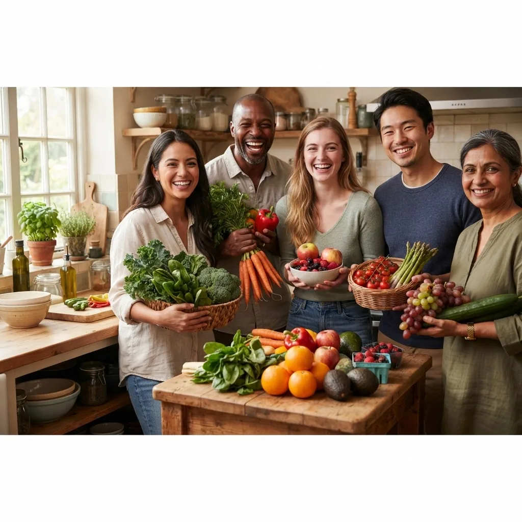 A bright, close-up photograph of a diverse group of healthy adults holding a variety of fresh fruits and vegetables in a kitchen setting