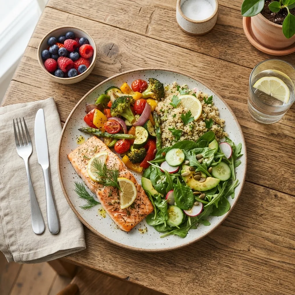 Overhead shot of a colorful balanced meal plate featuring servings of vegetables, lean proteins, grains, and healthy fats on a wooden