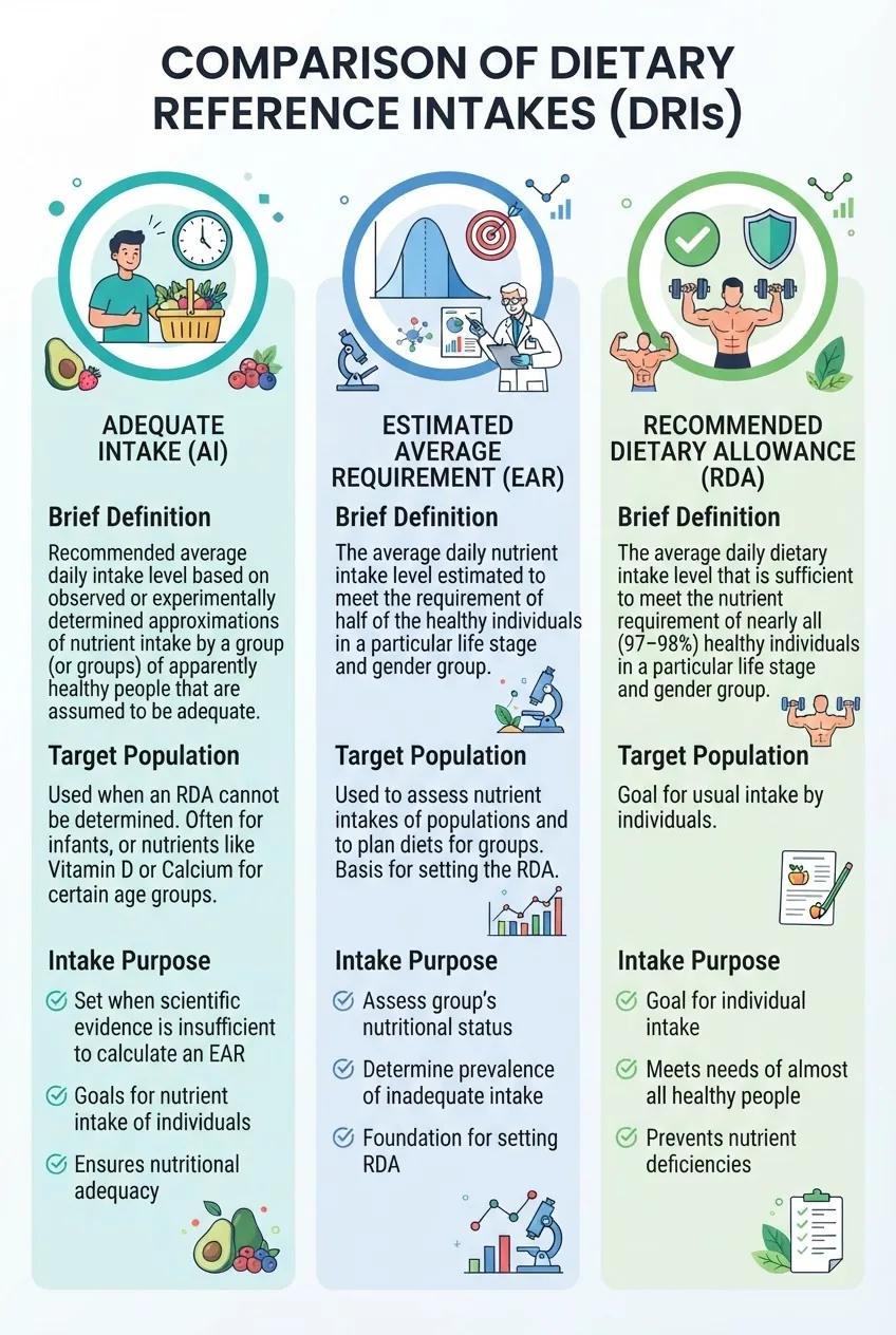 A clean infographic with three columns comparing Adequate Intake (AI), Estimated Average Requirement (EAR), and Recommended Dietary