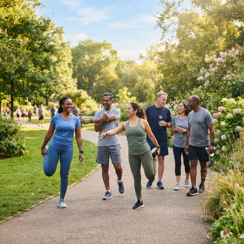 photorealistic outdoor scene showing a diverse group of middle-aged adults engaging in moderate exercise such as walking or stretching in a