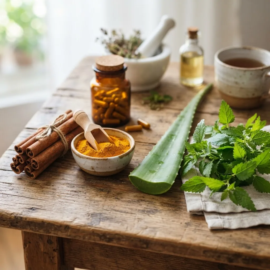 a close-up image of assorted natural herbs and supplements including cinnamon sticks, turmeric powder, aloe vera leaf, and fresh green