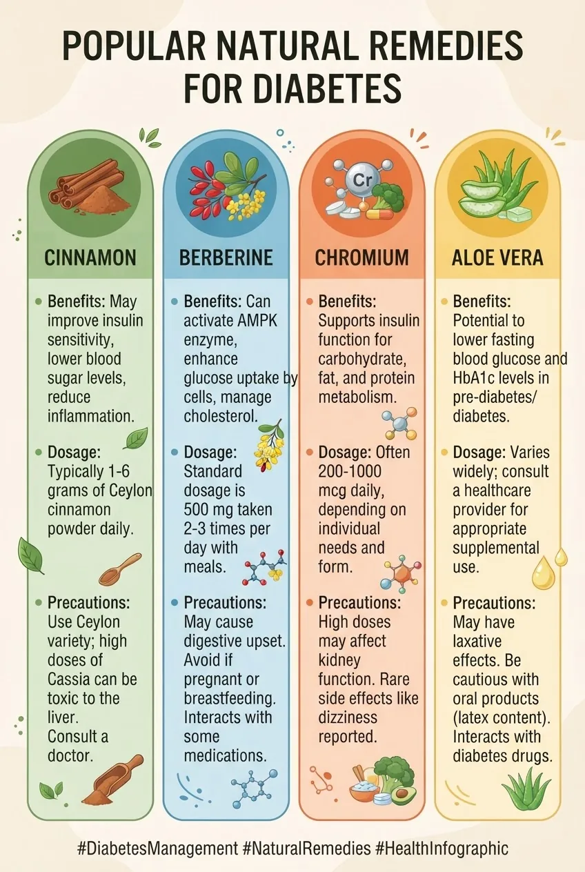 divided into four columns listing popular natural remedies for diabetes; each column includes an icon, name of the remedy (cinnamon,