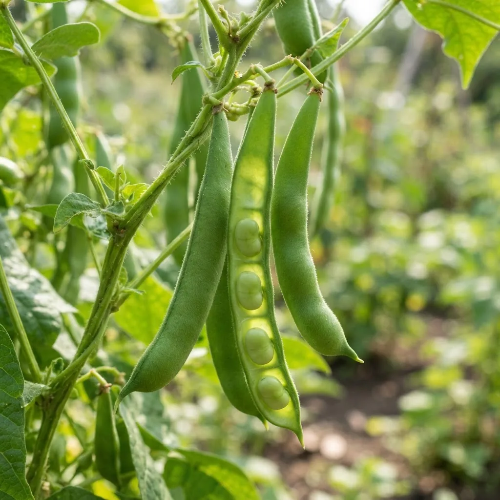 Close-up photo of fresh green bean pods on a plant branch, showing seed pods with visible seeds inside under natural sunlight, crisp and