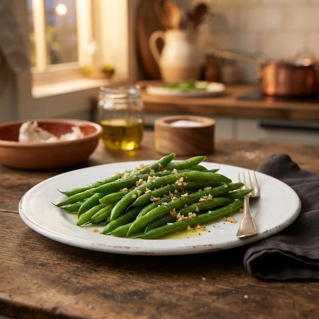 Photo of cooked green beans served on a white plate, seasoned lightly with garlic and olive oil, warm indoor kitchen lighting, appetizing