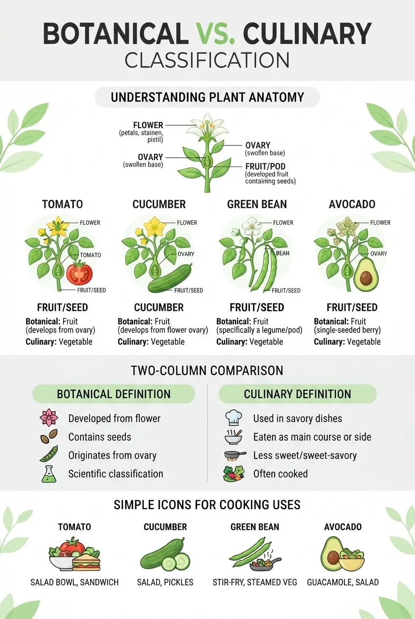 contrasts botanical vs culinary classification with labeled examples (tomato, cucumber, green bean, avocado), showing plant anatomy