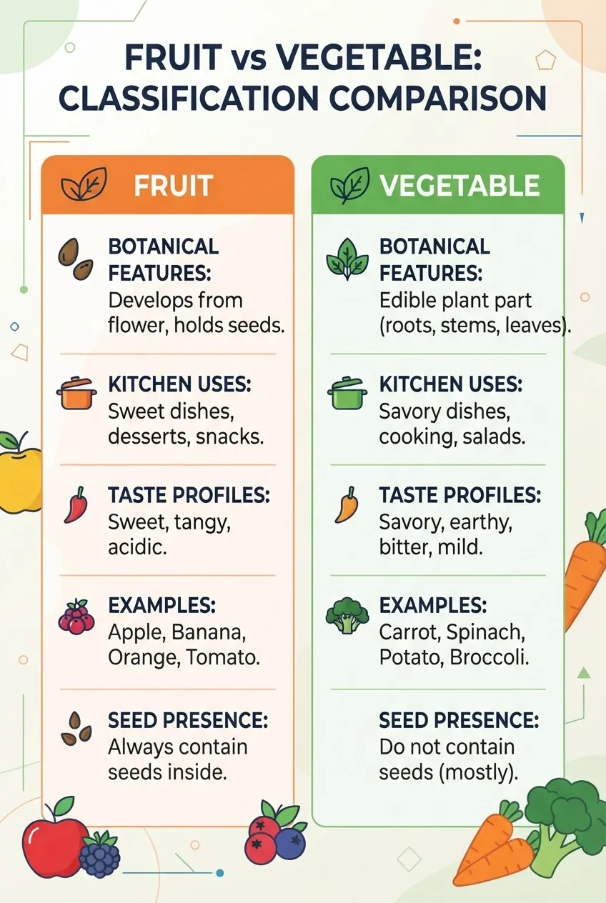 A clean infographic with two columns comparing "Fruit" vs "Vegetable" classifications, each with 5 bullet points (botanical features,