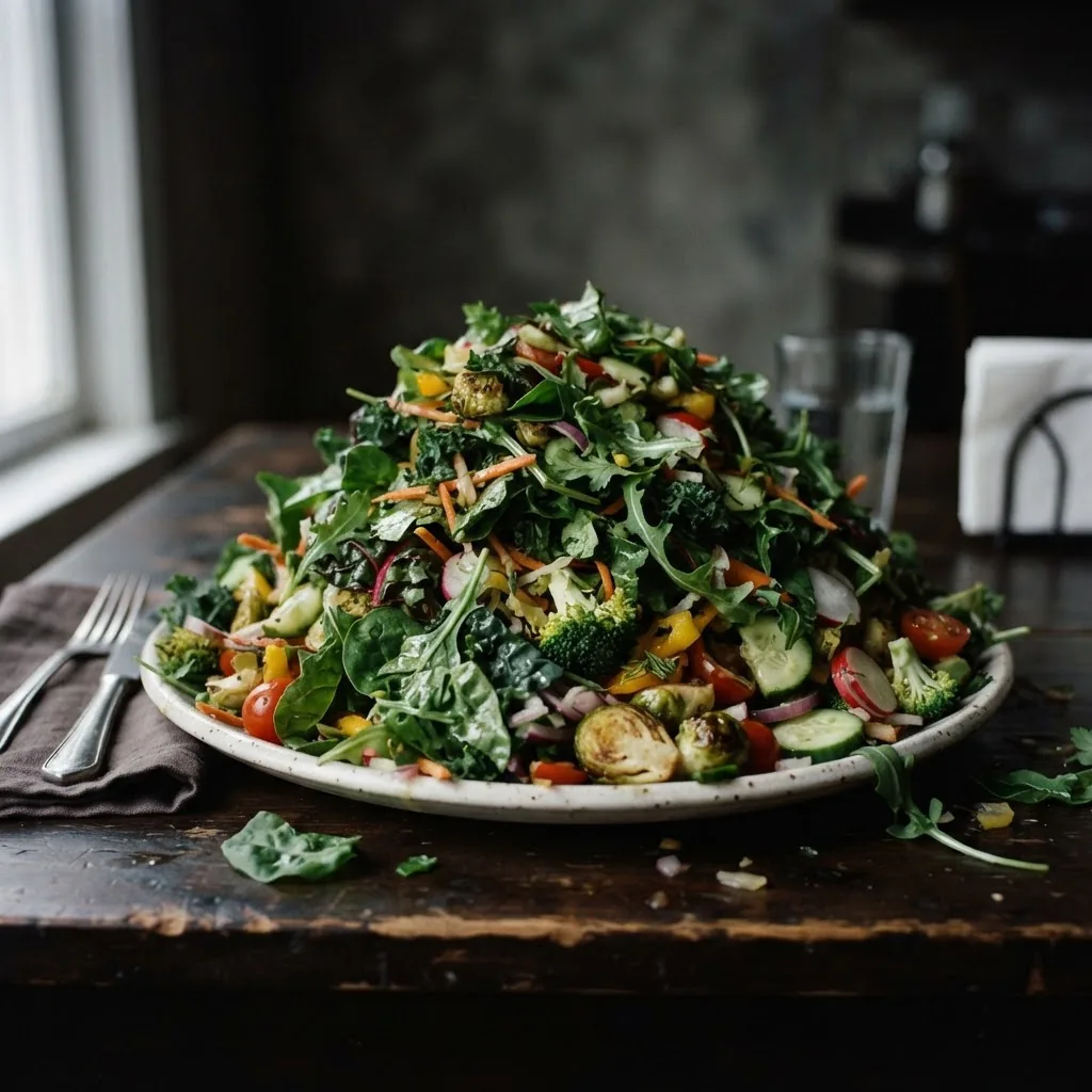 A close-up shot of a plate piled excessively high with mixed green leafy vegetables and other vegetables, implying overconsumption, set