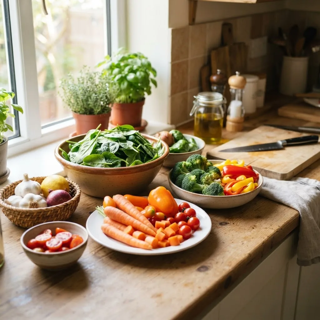 A bright, well-lit kitchen countertop scene showing a colorful variety of fresh vegetables such as spinach, carrots, bell peppers, and