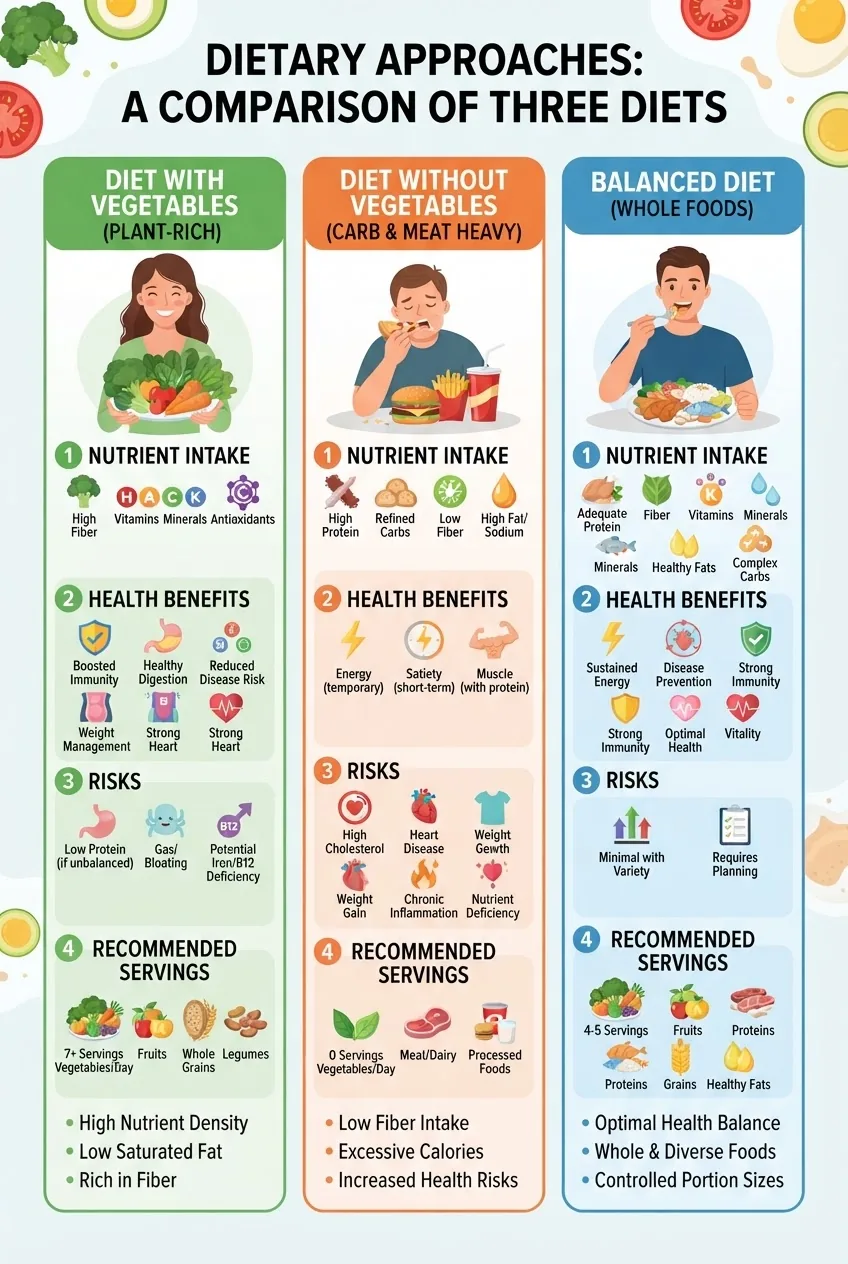 A clean, engaging infographic with three columns comparing diets with vegetables, without vegetables, and balanced diets; each column