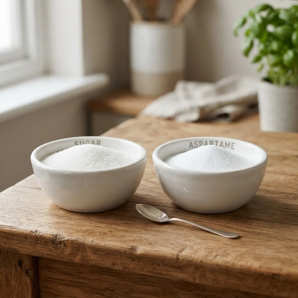 Close-up of two small bowls on a wooden table, one filled with granulated white sugar and the other with white crystalline aspartame