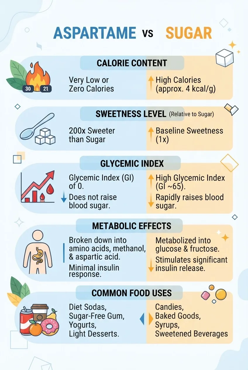 Infographic with two columns titled "Aspartame" and "Sugar," each column containing 5 rows highlighting: calorie content, sweetness level