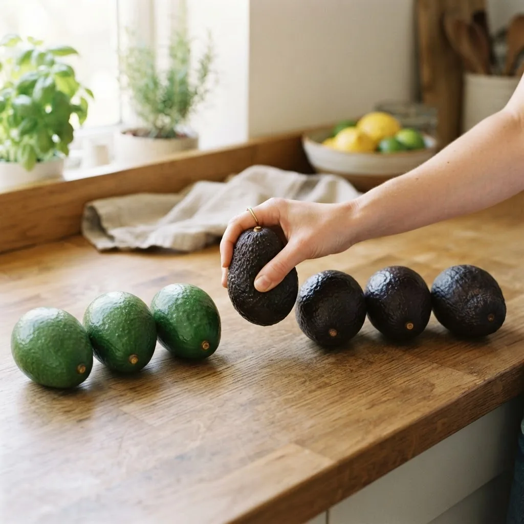 Photo showing a variety of avocados at different ripeness stages (green unripe, slightly soft ripe, dark overripe) laid on a kitchen