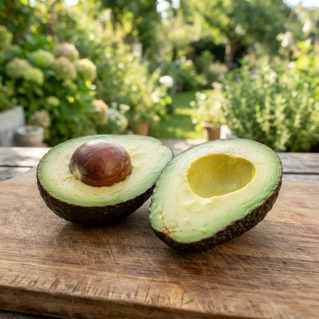 Close-up photograph of a ripe avocado fruit halved on a wooden surface, with bright natural lighting highlighting the green flesh, smooth