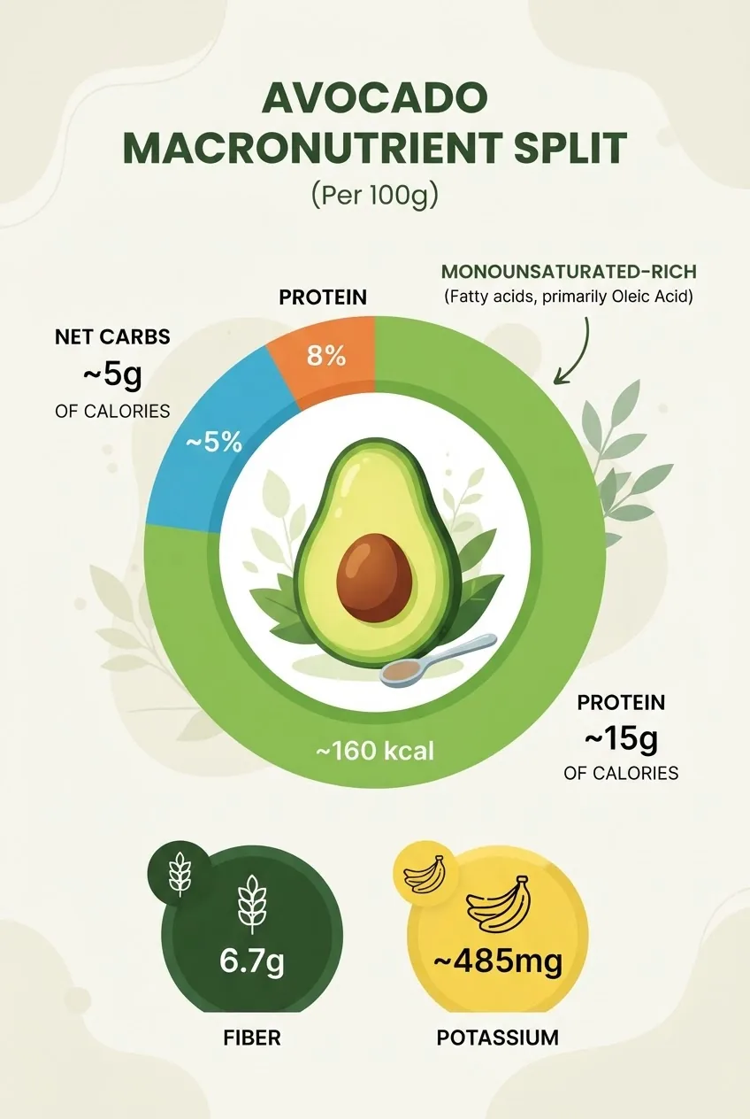 shows macronutrient split for an average avocado (per 100g) with percent calories from fat, carbs (net), and protein, plus icons for fiber