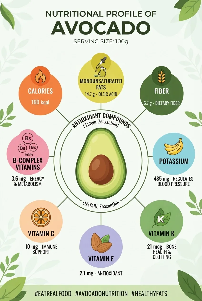 Infographic with a neat layout showing an avocado cross-section in the center, surrounded by nutrient bubbles illustrating calories,